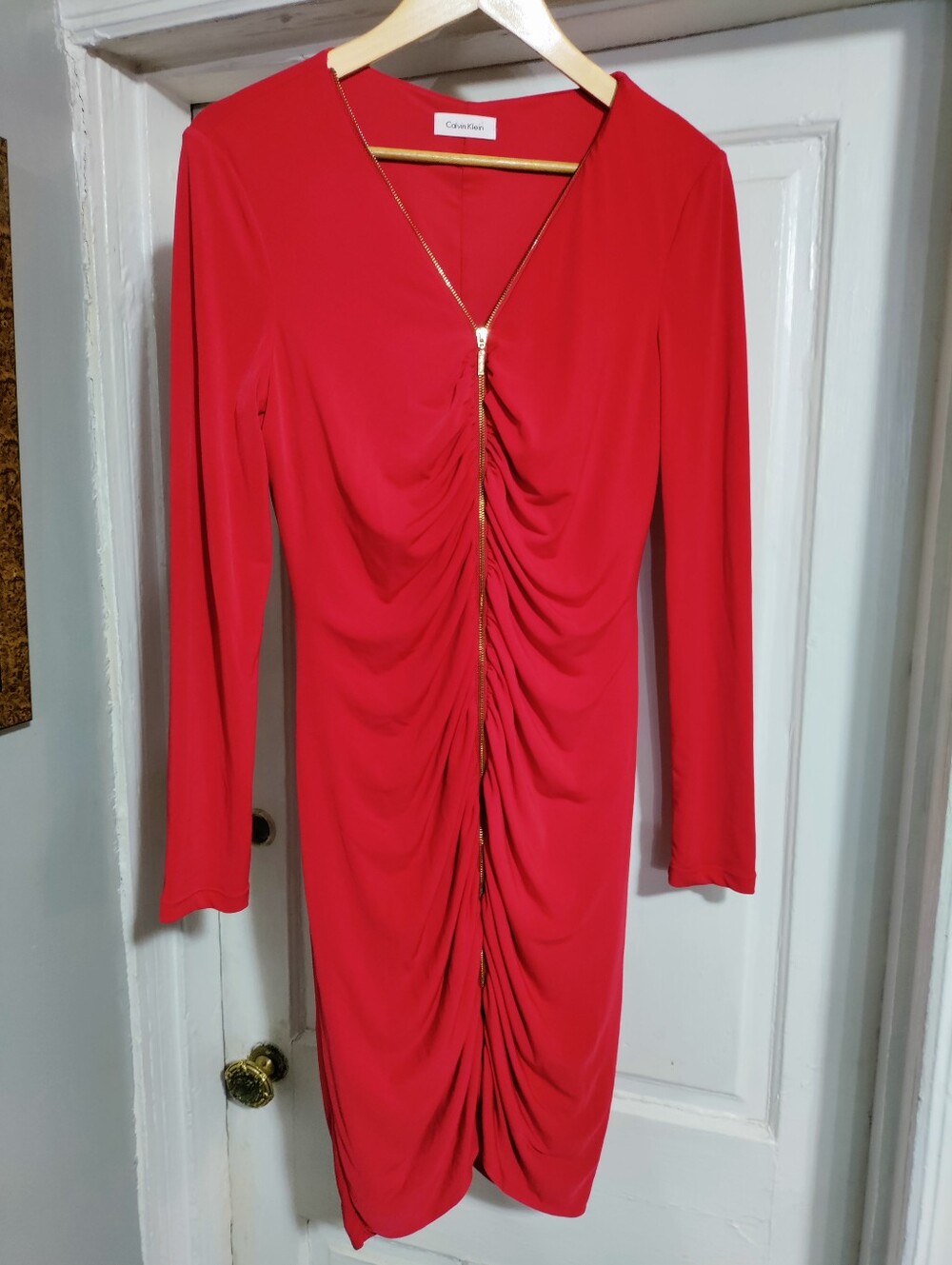 Calvin Klein Vibrant Red Ruched Zip-Front Long Sleeve Dress